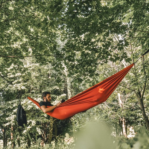 Man in hammock reads adventure book